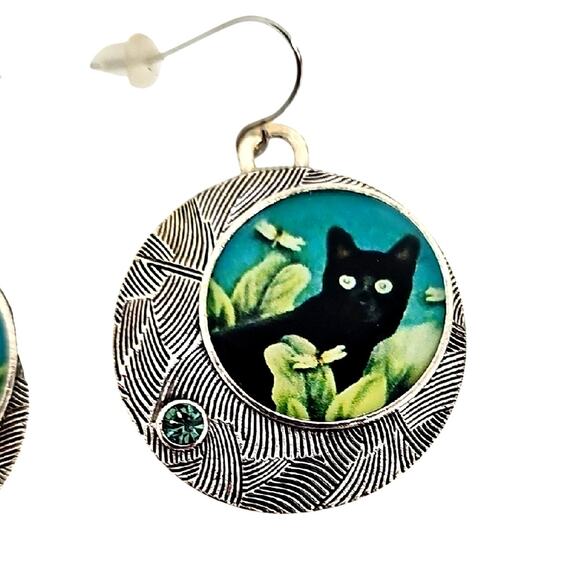 Black Cat in a Field w/Green Rhinestone Accent Silver Earrings Halloween Artisan - Picture 4 of 5